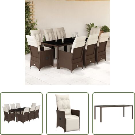 vidaXL Mesa de jardín -  Set de mesa y sillas jardín 9 piezas y cojines ratán PE marrón