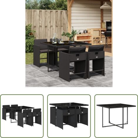 vidaXL Mesa de jardín -  Set de muebles jardín 5 pzas con cojines ratán sintético negro