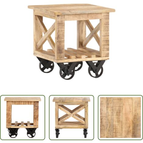 vidaXL Mesa de madera -  Mesa auxiliar con ruedas madera de mango rugosa 40x40x42 cm