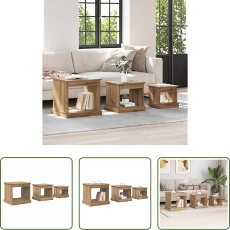 vidaXL Mesa de madera -  Mesa de Café 3 pcs Roble artesanal Madera contrachapada