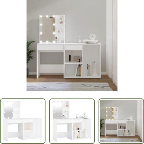 vidaXL Mesa de maquillaje -  Tocador con LED y armario madera contrachapada blanco