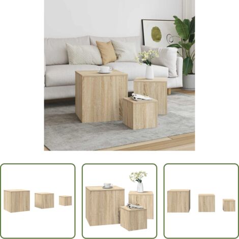vidaXL Mesa de planta -  Mesas auxiliares 3 pzas madera contrachapada color roble Sonoma