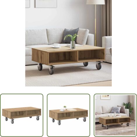 vidaXL Mesa de sala -  Mesa Lateral con Ruedas Roble artesanal 90 x 50 x 30 cm