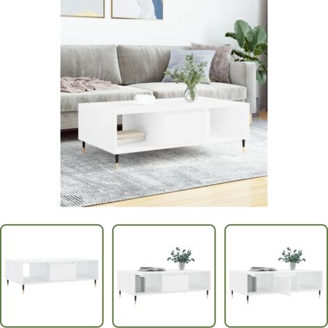vidaXL Mesa de salón -  Mesa de centro madera de ingeniería blanco brillo 104x60x35 cm