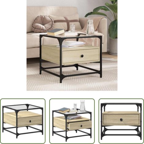 vidaXL Mesa de salón -  Mesa de centro tapa de vidrio acero roble Sonoma 50x50x45 cm