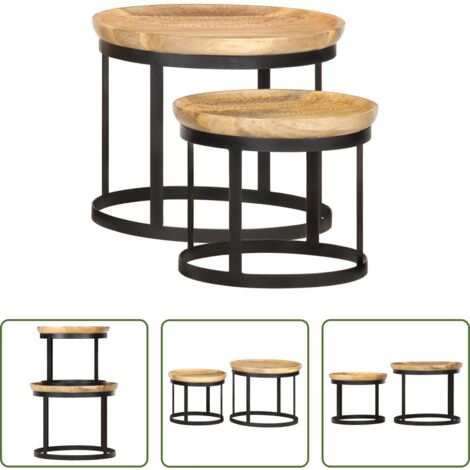 vidaXL Mesa de salón -  Mesas auxiliares redondas 2 uds madera maciza de mango y acero