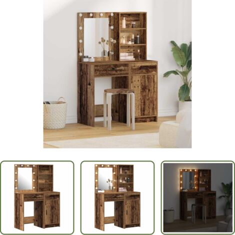 vidaXL Mesa de tocador con estantes -  Conjunto de mesa de vestidor con LED 2 pcs Madera vieja