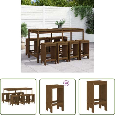 vidaXL Mesa y taburetes -  Mesa y taburetes altos de jardín 9 pzas madera pino marrón miel