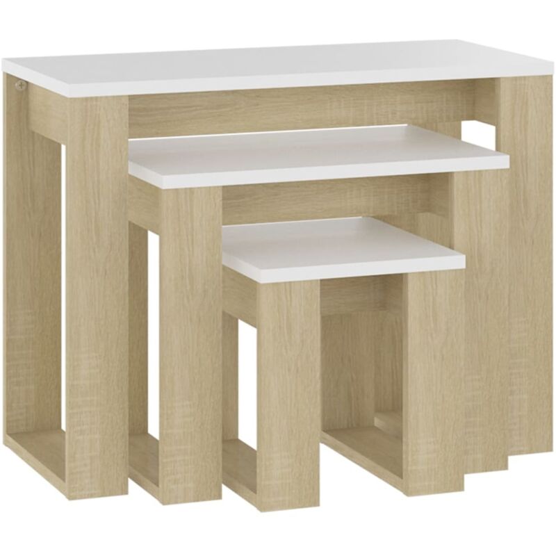 

vidaXL Mesas apilables 3 piezas aglomerado roble Sonoma y blanco - Blanco