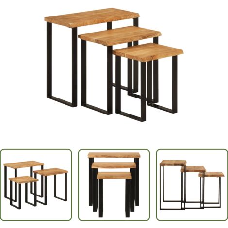 vidaXL Mesas con borde natural -  Set de 3 mesas apilables con borde natural madera acacia maciza