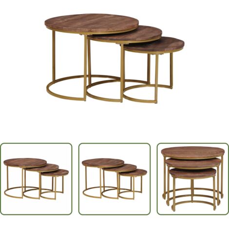 vidaXL Mesas de café de mango -  Mesas de Café Nido 3 pcs Madera maciza de mango y acero