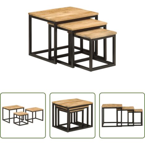 vidaXL Mesas de centro apilables 3 pzas madera maciza mango y hierro