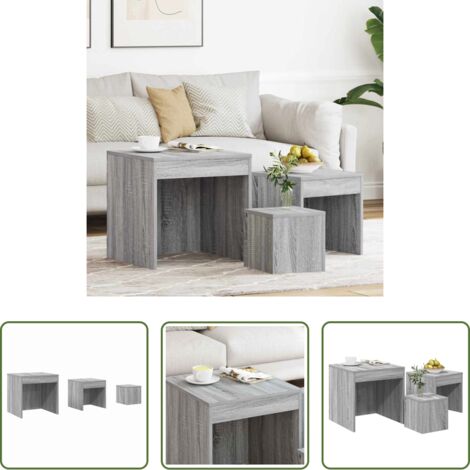 vidaXL Mesas para salón -  Mesas apilables 3 pzas madera contrachapada color gris Sonoma