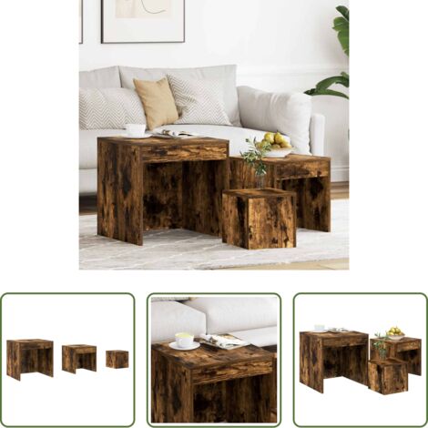 vidaXL Mesas para salón -  Mesas apilables 3 pzas madera contrachapada roble ahumado