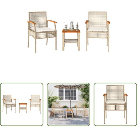 vidaXL Mesita de jardín -  Mesita y sillas con cojines 3 pzas ratán PE madera acacia beige
