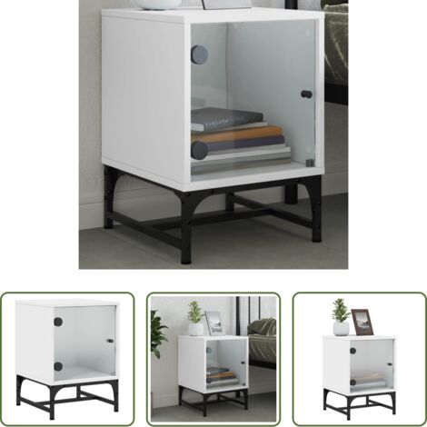 vidaXL Mesita de noche blanca -  Mesita de noche con puerta de vidrio blanco 35x37x50 cm