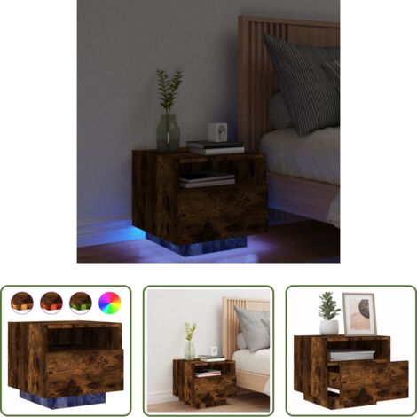 vidaXL Mesita de noche con almacenamiento -  Mesita de noche con luces LED roble ahumado 40x39x37 cm