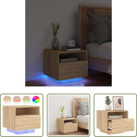 vidaXL Mesita de noche con almacenamiento -  Mesita de noche con luces LED roble Sonoma 40x39x37 cm