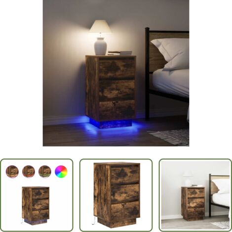 vidaXL Mesita de noche con luces -  Mesilla de noche con luces LED roble ahumado 38x34x65 cm