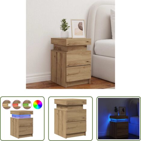 vidaXL Mesita de noche con luz -  Mesilla de noche con LED madera marrón roble 35x39x55 cm