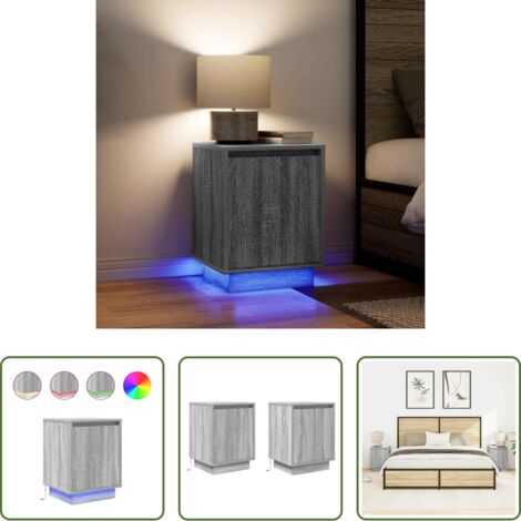 vidaXL Mesita de noche con luz -  Mesillas de noche con luces LED 2 uds gris sonoma 38x34x50 cm