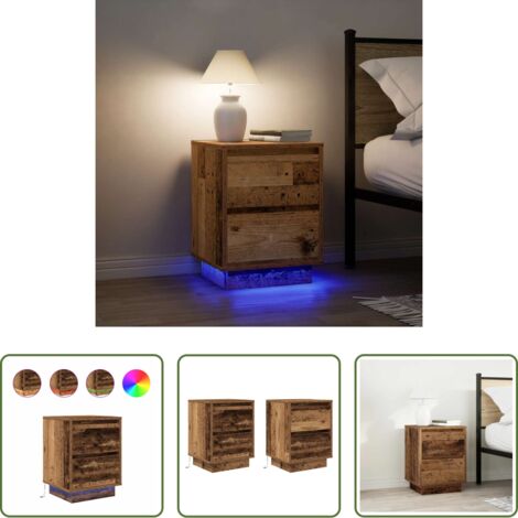vidaXL Mesita de noche con luz -  Mesillas de noche con luces LED 2 uds madera vieja 38x34x50 cm