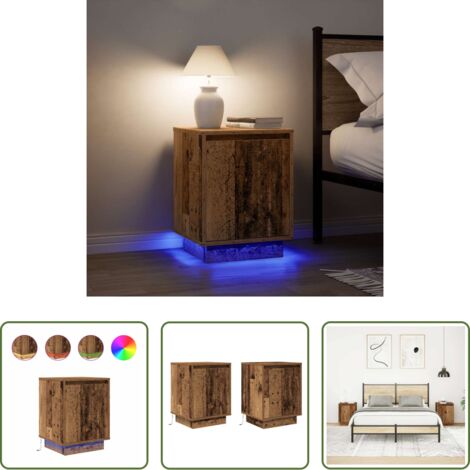 vidaXL Mesita de noche con luz -  Mesillas de noche con luces LED 2 uds madera vieja 38x34x50 cm