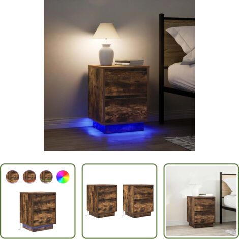 vidaXL Mesita de noche con luz -  Mesillas de noche con luces LED 2 uds roble ahumado 38x34x50 cm
