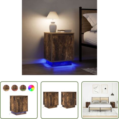 vidaXL Mesita de noche con luz -  Mesillas de noche con luces LED 2 uds roble ahumado 38x34x50 cm