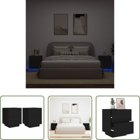 vidaXL Mesita de noche con luz -  Mesitas de noche con luces LED 2 uds madera ingeniería negra