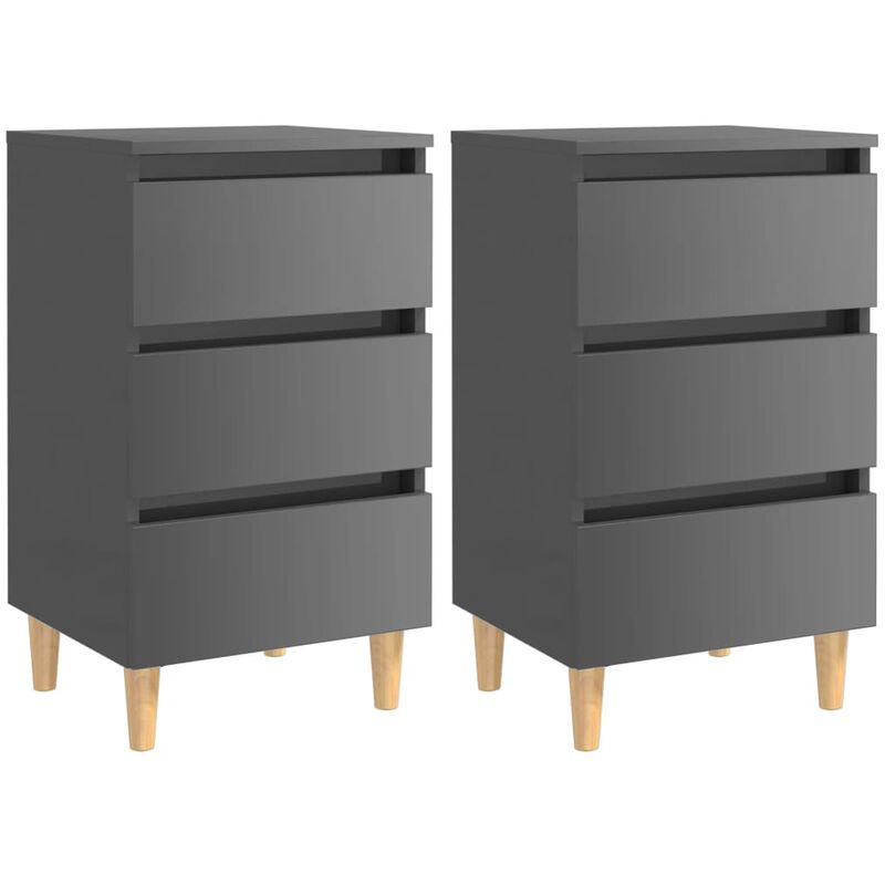 

vidaXL Mesita de noche patas madera maciza 40x35x69 cm 2 uds gris brillante - Gris