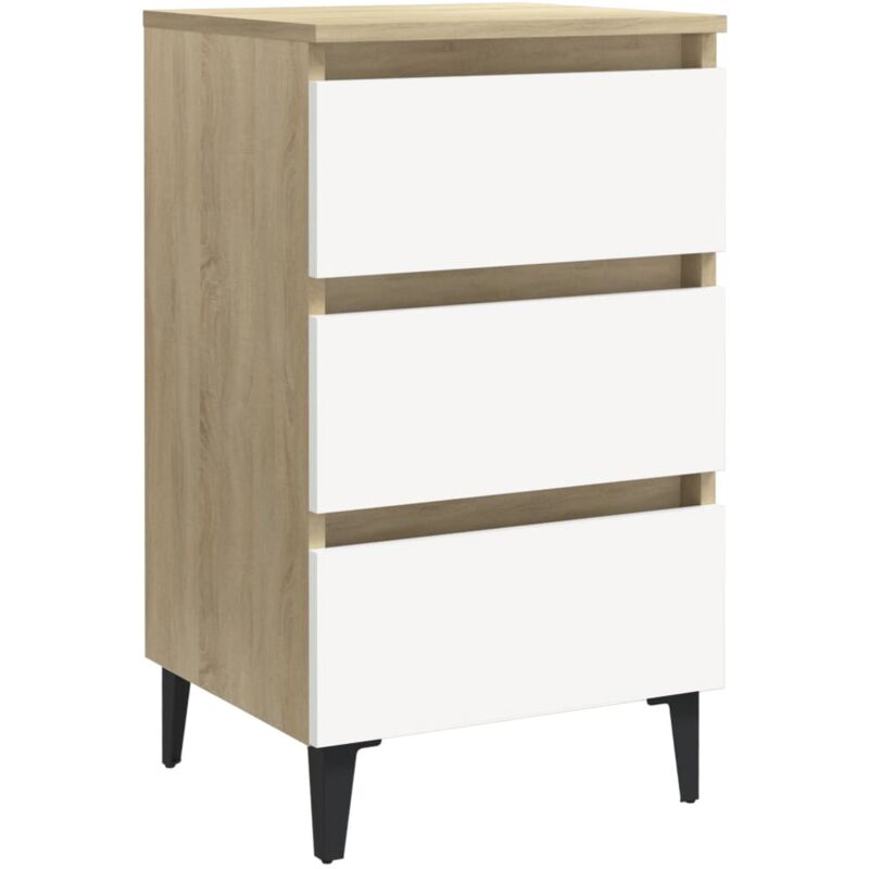 

vidaXL Mesita de noche patas metal 40x35x69 cm blanco roble Sonoma - Blanco