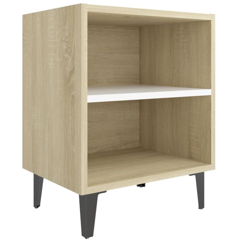 

vidaXL Mesita de noche con patas metal 40x30x50 cm blanco roble Sonoma - Blanco