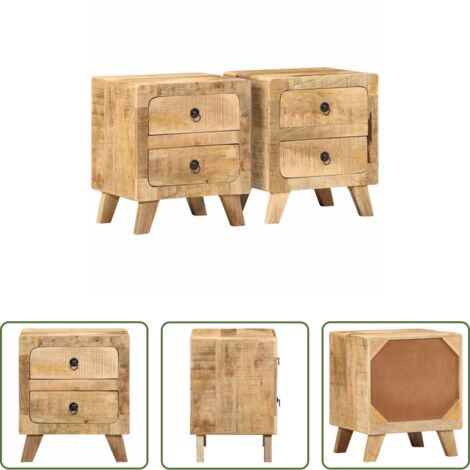 vidaXL Mesita de noche de madera -  Mesilla de noche 2 uds 40x32x46 cm madera mango rugosa