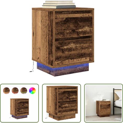 vidaXL Mesita de noche de madera -  Mesilla de noche con luces LED madera vieja 38x34x50 cm