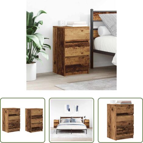 vidaXL Mesita de noche de madera -  Mesillas de noche con 3 cajones 2 uds madera vieja 39x35x65 cm