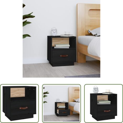 vidaXL Mesita de noche de madera -  Mesita de noche madera maciza de pino negro 40x34x45 cm