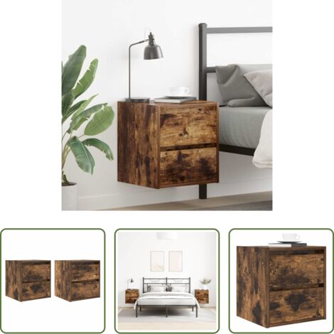 vidaXL Mesita de noche de roble -  Mesillas de noche de pared 2 uds roble ahumado 38x34x40 cm