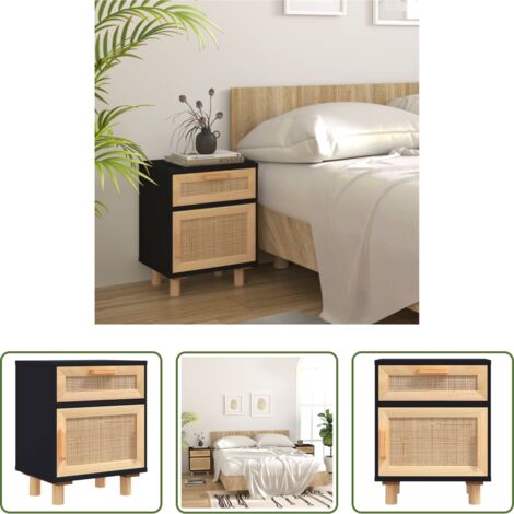 vidaXL Mesita de noche escandinava -  Mesita de noche madera maciza pino negra y ratán natural