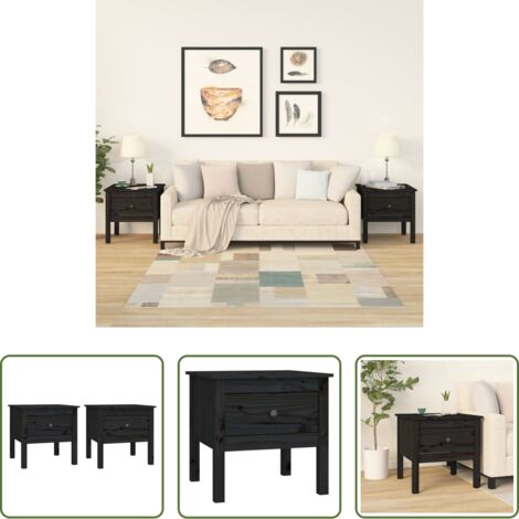 vidaXL Mesita de noche -  Mesa auxiliar 2 uds de madera maciza de pino negro 50x50x49 cm
