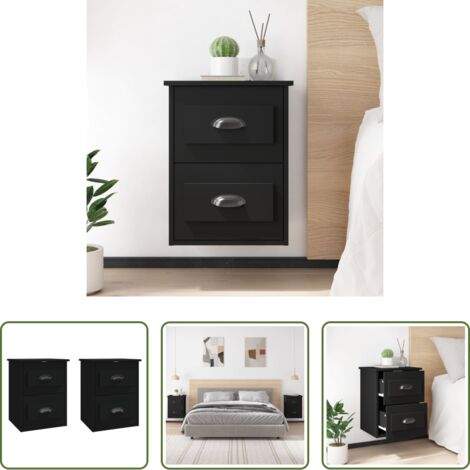 vidaXL Mesita de noche negra -  Mesitas de noche de pared 2 uds negras 41,5x36x53 cm