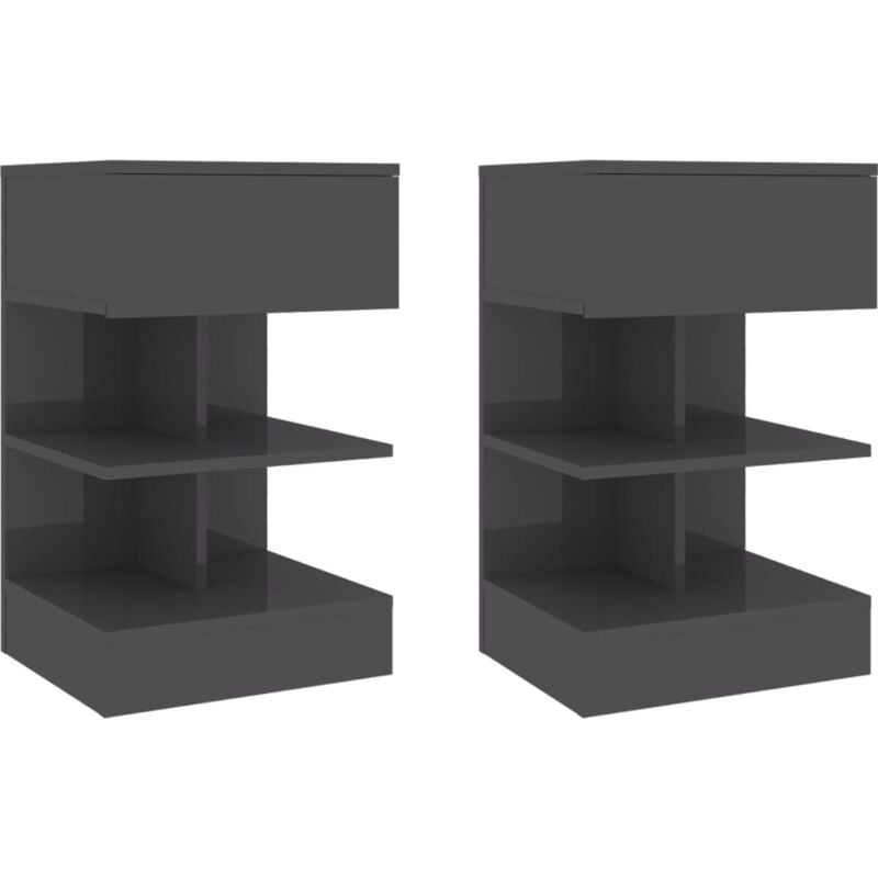 

vidaXL Mesitas de noche de aglomerado 40x35x65 cm 2 unidades gris con brillo - Gris