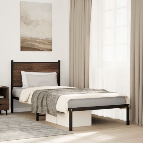 vidaXL Metallbettgestell mit Kopfteil Eiche Braun 90x200 cm