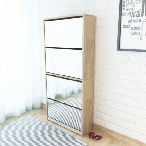 Vidaxl – Meuble à chaussures 4 étagères avec miroir 63x17x134 cm – Espace de rangement pour 12-16 paires – Matériau aggloméré – Chêne