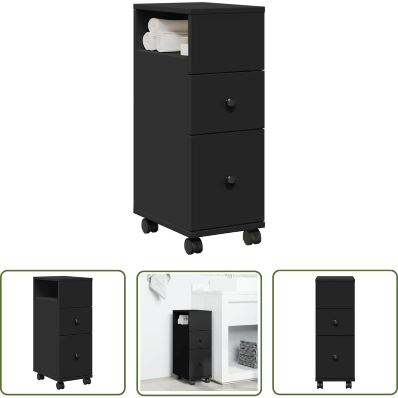 The Living Store - vidaXL Meuble étroit de salle de bain à roulettes noir