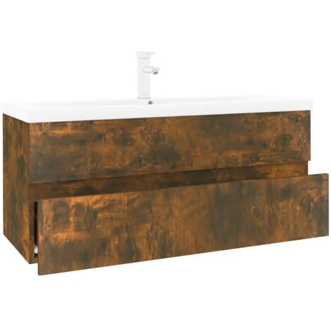 Vidaxl – Meuble lave-mains chêne fumé avec vasque céramique blanche – Dimensions 100 x 38,5 x 45 cm – Tiroir de rangement intégré – Fixation murale
