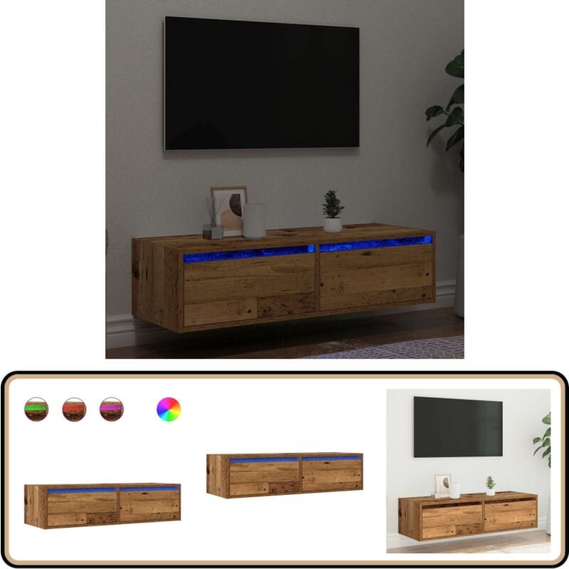 vidaXL Meuble TV avec lumières LED vieux bois 100X35,5x25 cm