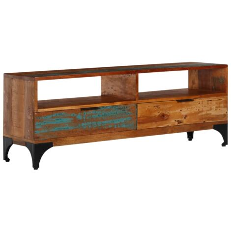Vidaxl – Meuble TV en bois de récupération massif 118x35x45 cm – 2 tiroirs et 2 compartiments – Style vintage avec pieds en acier
