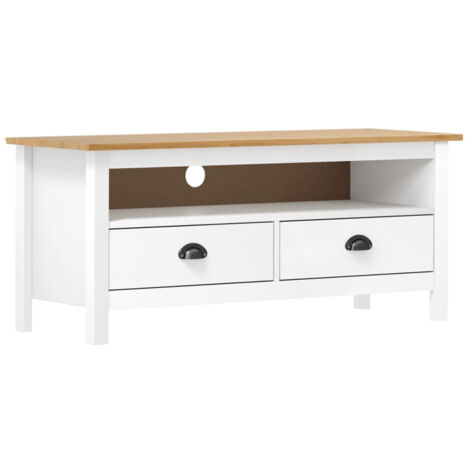Vidaxl – Meuble TV blanc 110x40x47 cm – Bois de pin massif avec 2 tiroirs – Style rustique – Gamme Hill Range
