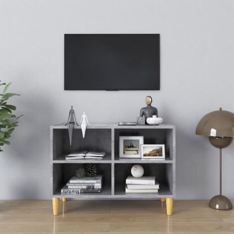 Vidaxl – Meuble TV gris béton 69,5x30x50 cm – Pieds en bois massif d'eucalyptus – 4 compartiments de rangement – Style scandinave